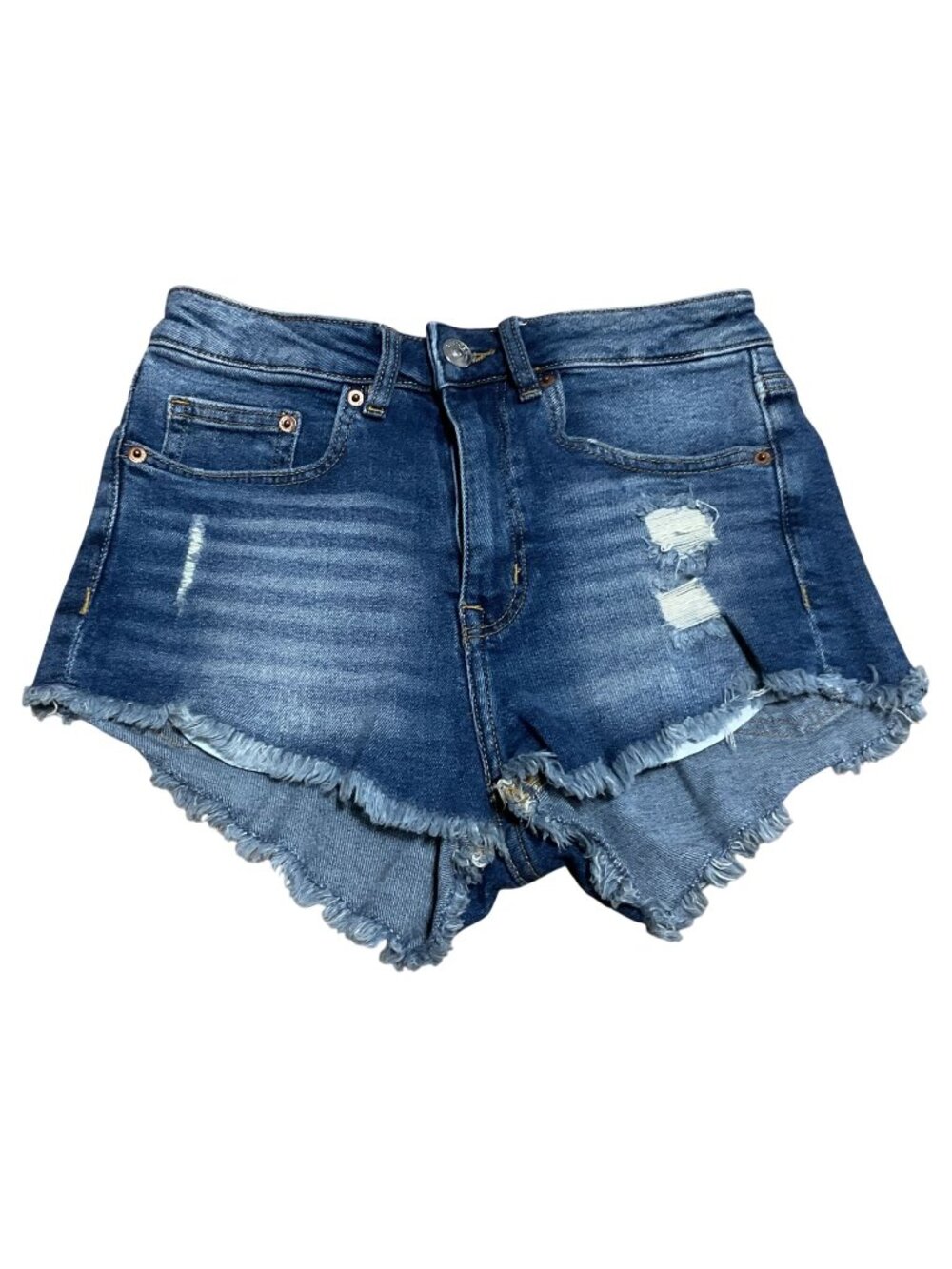 H&M Divided Distressed Size 4 Blue High-Waisted Booty Shorts With Frayed Hem